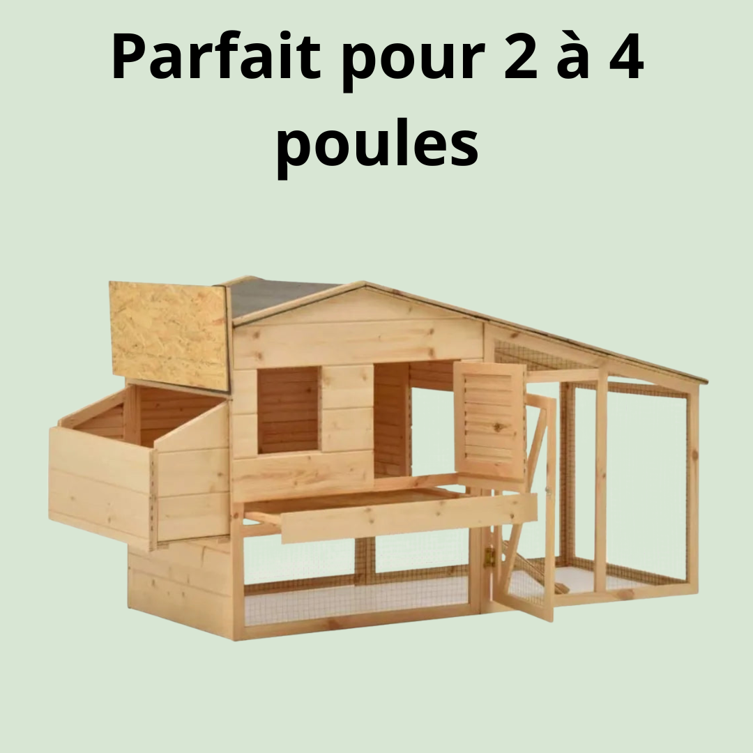 Poulailler 2–4 poules, toit étanche, plateau coulissant – 178×67×92 cm